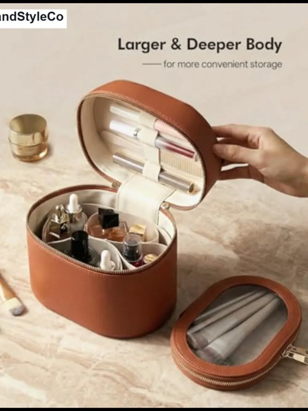 Prite 2 Pc Makeup Bag Set Travel Cosmetic Case with Clear Pouch Faux Leather